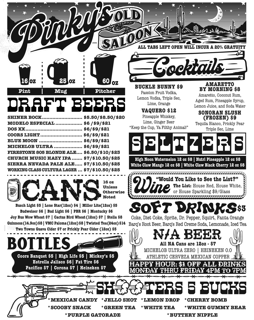 Pinky's drink menu